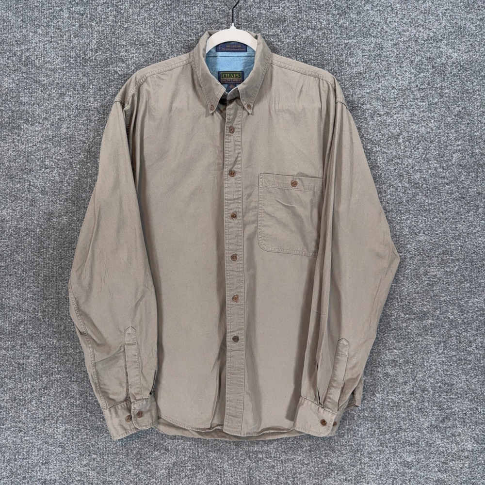 Chaps Ralph Lauren Button Down Shirt Mens 15.5 Tan Long Sleeve Pocket Vintage
